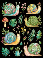 Cute snail clipart set with floral shells, mushroom, leaves, and flowers, isolated on transparent background. Great for stickers, t-shirt design, and print on demand.