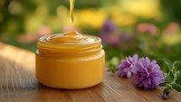 Honey dripping into glass jar on wooden surface with purple flowers and blurred garden background, suitable for food, wellness and natural product packaging.