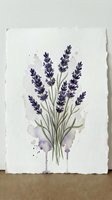 Watercolor lavender bouquet with purple flowers and green stems on textured white paper, botanical art for home decor and wellness branding projects.
