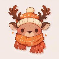 Cute cartoon reindeer wearing winter knit hat and orange scarf, drawn in kawaii style with sparkle elements on pink background. Suitable for holiday greeting cards.