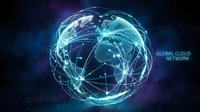 Digital globe with glowing network connections representing global cloud computing and worldwide data transfer on dark space background.