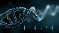 DNA double helix structure with heartbeat rhythm line on dark background for medical research, genetics study, biotechnology and healthcare concepts.