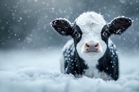 Young Holstein calf lying in snow during winter storm, close up portrait of black and white dairy cow face with snowflakes falling in cold weather.