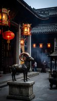 Traditional temple courtyard with bronze ram statue and glowing red lanterns creating atmospheric evening scene for cultural and spiritual design projects.