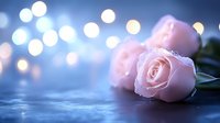 Delicate pink roses lying on reflective surface with soft blue bokeh lights creating romantic atmosphere, perfect for wedding and anniversary celebrations.