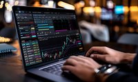Person analyzing financial market data on laptop screen with trading charts, stock graphs and technical indicators in dark office environment with bokeh lights.