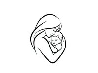 Tender mother holding newborn baby in loving embrace, minimalist line art style isolated on white background for motherhood and parenting designs.