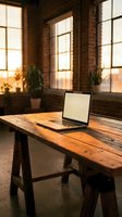 Laptop with blank screen on rustic wooden desk in warm sunlit loft with brick walls, plants, and golden hour light.