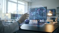 Businessman touching holographic network interface display in modern office workspace showing connected data visualization and digital technology concepts.