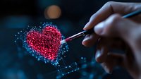 Glowing red heart shape formed by connected dots and lines with hand holding brush, digital art concept on dark background for Valentine's design projects.