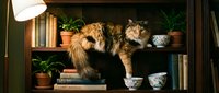 Two fluffy tabby cats lounging on wooden shelves among potted plants, books, and decorative items in a cozy home library setting with warm lighting.
