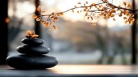 Zen stones pyramid with autumn leaves on blurred natural background at sunset. Wellness and meditation concept for spa and relaxation atmosphere.