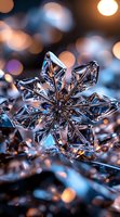 Crystal snowflake ornament with intricate geometric patterns captured in macro against blurred warm lights background creating magical winter atmosphere.