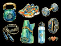 Fitness equipment collection with kettlebell, running shoes, dumbbells, jump rope, yoga mat, water bottle, smartwatch, and barbell isolated on transparent background. Ready for t-shirt designs, clipart, stickers, and print-on-demand products.