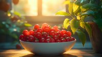 Fresh ripe red currants in white ceramic bowl on wooden table near window with sunlight and green leaves, natural organic summer berries background.