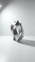Abstract metallic sculpture with curved ribbons creating dynamic flowing forms on white surface with dramatic lighting and shadows.