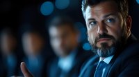 Middle-aged Caucasian male executive with beard wearing dark business suit and tie, positioned in sharp focus against blurred background of colleagues in professional office setting with blue ambient lighting, suitable for corporate, leadership, and business communication materials.
