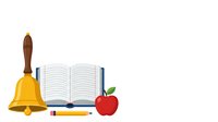 Back to school composition with golden bell, open notebook with lined pages, yellow pencil and red apple on white background, isolated and ready for educational design projects.