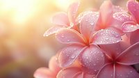 Pink plumeria flowers with morning dew drops on petals against soft golden sunlight background, creating dreamy romantic natural macro photography.