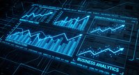 Futuristic holographic business analytics dashboard with glowing blue charts, graphs and data visualization elements for financial technology presentations.