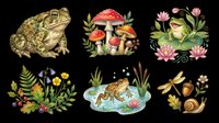 Toad, mushrooms, frog with water lilies, forest plants, toad in pond, snail, and acorn isolated on transparent background. Ready for clipart, t-shirt design, stickers, and print-on-demand projects.