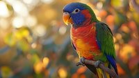 Vibrant rainbow lorikeet perched on branch against blurred autumn background with warm bokeh lights, displaying colorful plumage of blue, red, and green feathers.