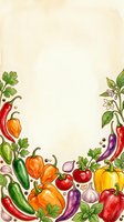 Vintage botanical frame featuring hand-drawn peppers, tomatoes, cucumbers and herbs on aged cream background. Isolated design element ready for menus, recipe cards, cooking blogs and kitchen decor projects.
