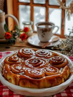 Fresh homemade cinnamon rolls with caramel glaze on white ceramic plate, served with coffee cup and red tulips on checkered tablecloth in cozy kitchen setting.