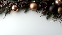 Elegant Christmas border with copper and bronze ornaments, pine cones, and evergreen branches on white background, perfect for holiday designs and greeting cards.
