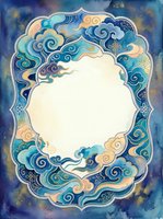 Ornate watercolor frame with swirling clouds in blue and gold tones, blank center space for text or design elements, decorative border art.