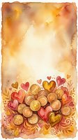 Watercolor background with golden coins and red hearts, warm vintage texture, copy space for Valentine's Day cards, wedding or financial love themes.