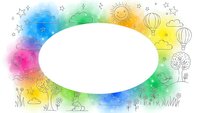 Colorful watercolor frame with doodle elements and white oval space for text or design. Creative border with rainbow splash background for presentations.