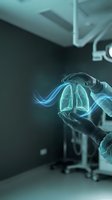 Medical professional holding glowing holographic lungs in modern hospital operating room for respiratory health technology and digital healthcare innovation.