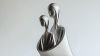 Minimalist abstract sculpture in metallic silver featuring flowing curved forms emerging from white base, suggesting organic movement and growth. Modern art concept.