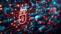 Digital security concept with glowing padlock icon on circuit board background. Abstract technology illustration for cybersecurity, data protection and network safety solutions.