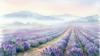 Watercolor lavender field with purple flowers in rows stretching toward misty mountains. Soft pastel landscape painting with peaceful countryside atmosphere.