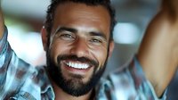 Middle Eastern man with beard and bright smile wearing casual plaid shirt, expressing genuine happiness and confidence in modern indoor setting. Professional headshot style portrait.