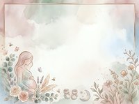 Pregnant woman with long pink hair in profile, surrounded by watercolor florals, botanical elements, and moon phases on soft pastel background for maternity and pregnancy designs.