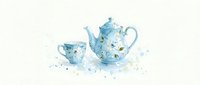 Watercolor blue floral teapot and cup set with delicate flowers and leaves, perfect for kitchen decor and tea time illustrations on white background.