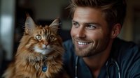 Handsome bearded man with fluffy orange Maine Coon cat companion sharing tender moment indoors. Pet ownership lifestyle portrait for veterinary care marketing.