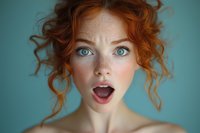 Young woman with bright red curly hair and blue eyes expressing surprise with open mouth against turquoise background, natural freckles on face.