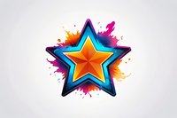 Vibrant multicolored star with orange center and blue outline on white background, surrounded by colorful paint splatter effect. Isolated design element for creative projects.