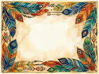 Ornamental feather border frame with ethnic tribal patterns in blue, orange, and gold on aged parchment background, isolated for design use.