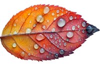 Vibrant autumn leaf with morning dew drops creating natural pattern of water beads on orange and red gradient surface, macro photography on white background.