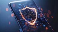 Glowing digital shield with binary code on smartphone screen against dark background with bokeh lights, representing cybersecurity and data protection concept.