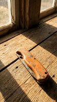 Vintage leather shoe sole on weathered wooden floor with sunlight streaming through old window creating warm shadows and rustic atmosphere.