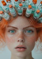Close-up portrait with glass bottles arranged in hair crown formation, featuring turquoise eyes, freckles, and natural makeup against white background. Creative beauty concept.