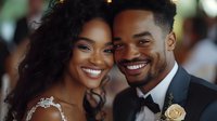 Happy African American couple in formal attire smiling at camera during wedding celebration with warm bokeh lights in background.