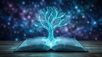 Glowing tree of knowledge emerging from open book with luminous branches against bokeh blue and purple light particles background.
