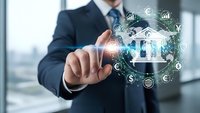 Professional businessman touching digital banking interface with financial icons and currency symbols in modern office environment for fintech applications.